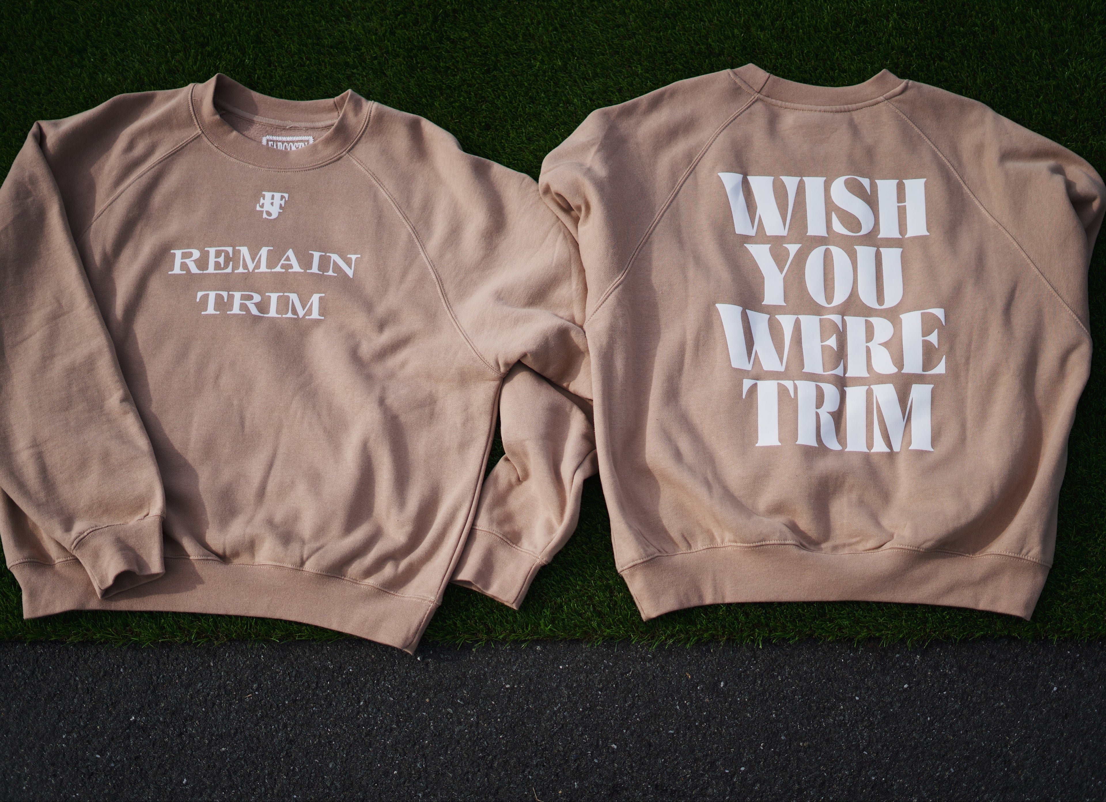 Tan and White Remain Trim Crewneck Sweatshirts